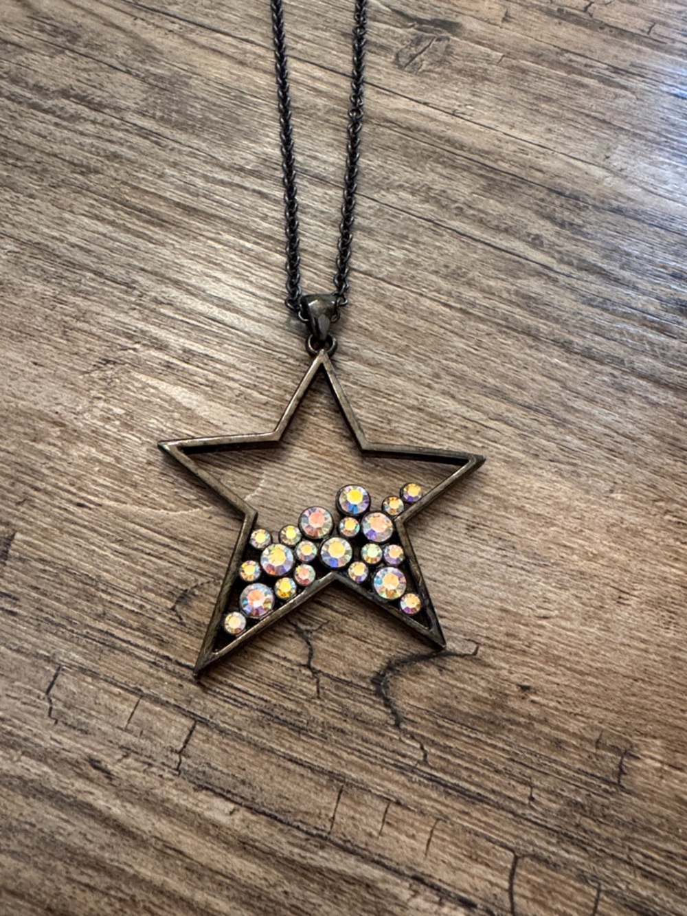 Star Pendant Necklace with Iridescent Rhinestones on Black Chain